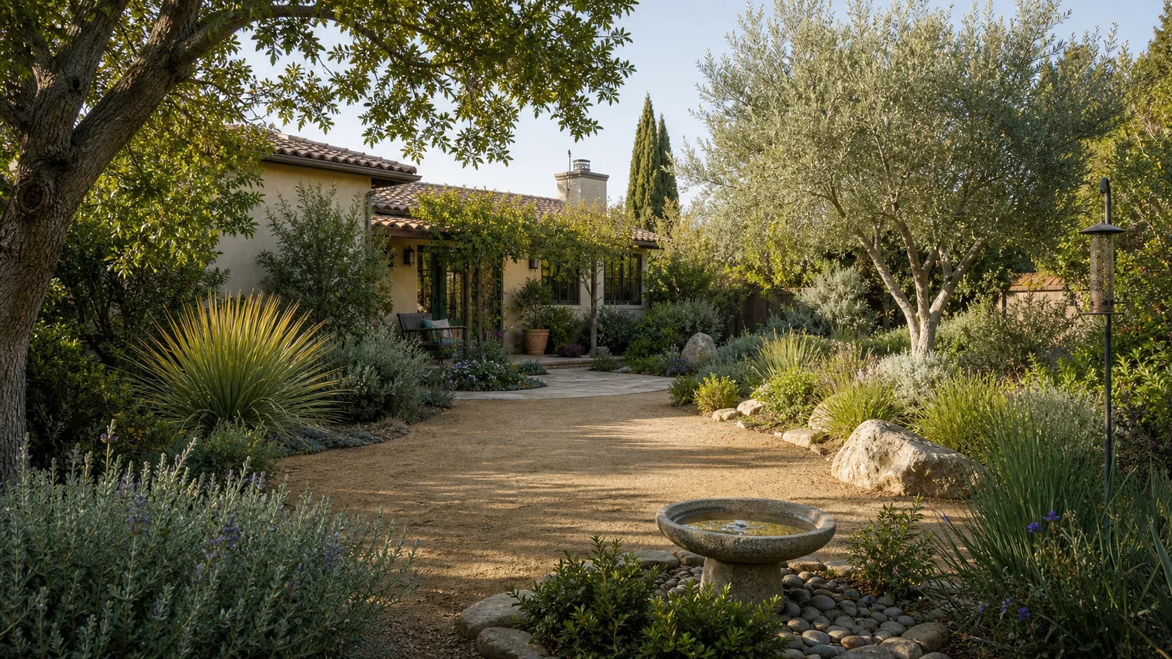 A California Mediterranean backyard with drought-tolerant plants, bird bath, shade trees, and feeder