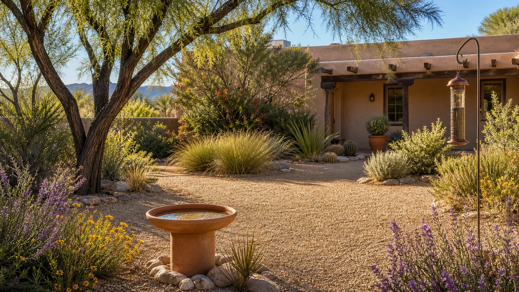 An open courtyard with planting and shelter around the edges