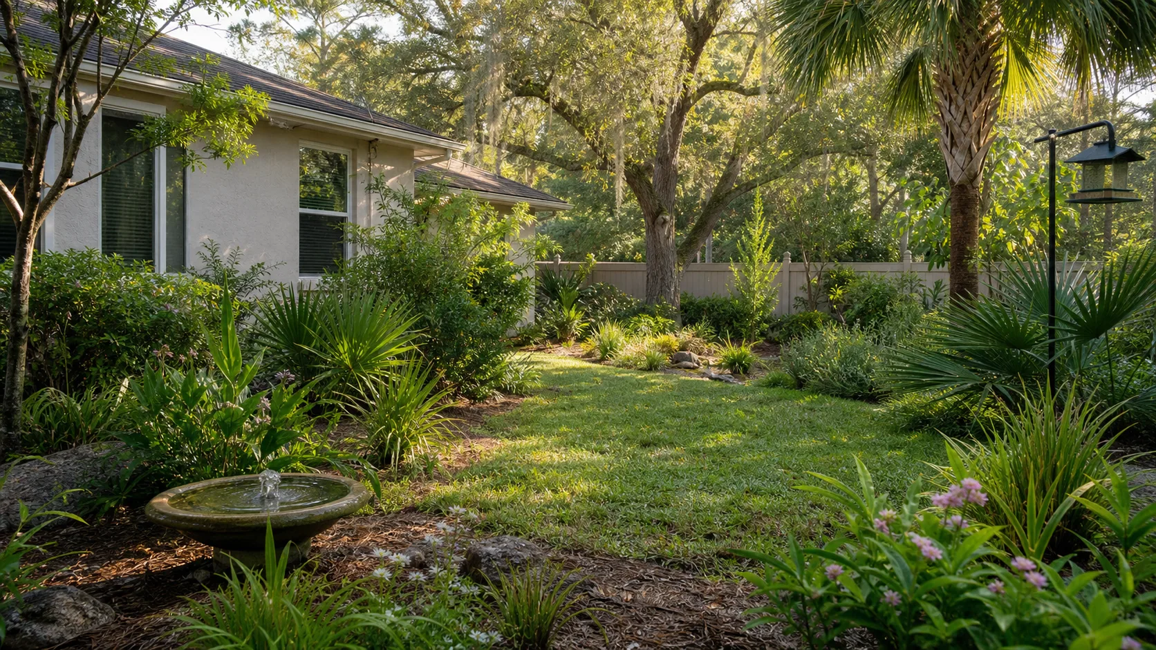 A residential Gulf Coast yard with open sightlines and dense cover