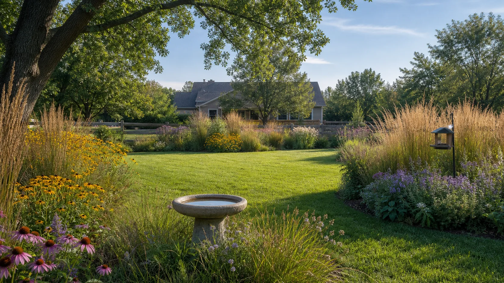 A bird-friendly prairie yard with native grasses, flowers, and feeding habitat