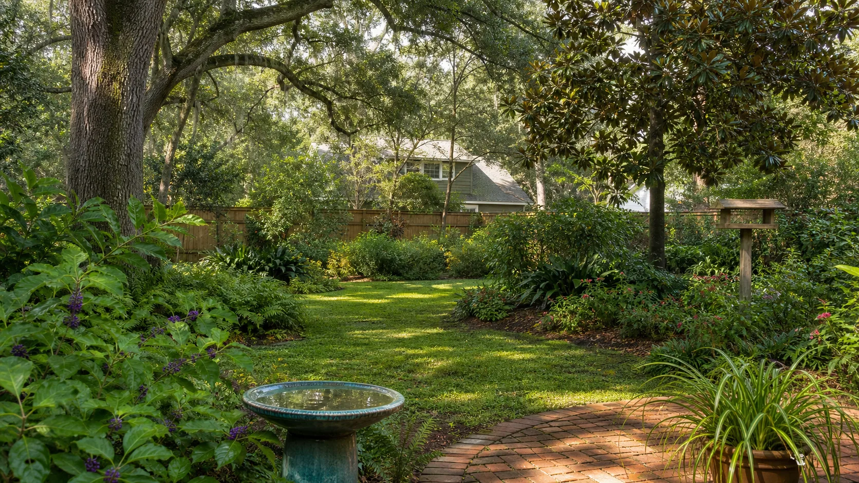 A shaded backyard with trees, shrubs, open lawn, and connected bird cover